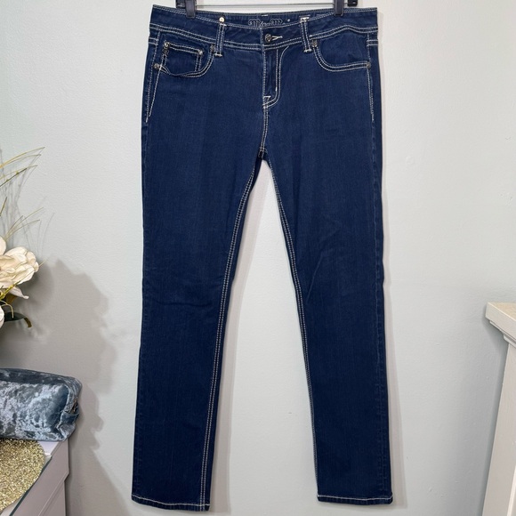 Miss Me Easy Skinny Jean Fleur De Lis Dark Wash Jeans Rhinestone Bling Size 31 - Picture 3 of 10